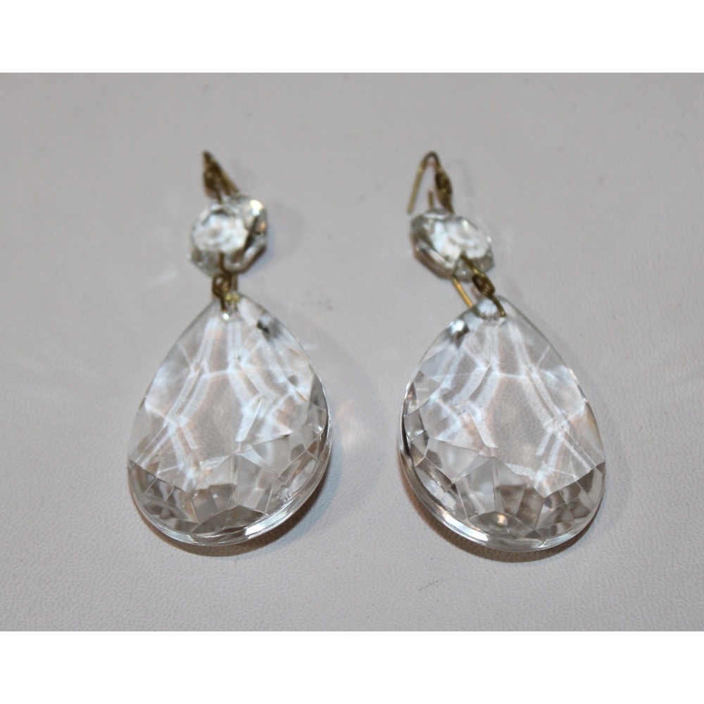 set of 10 vintage chandelier prisms clear glass teardrop faceted 2-piece - Picture 4 of 13